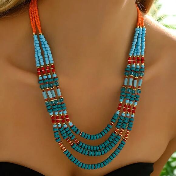 Boho Western Multi-layer Beaded Necklace Retro Ethnic Turquoise Red & Orange - Picture 1 of 6